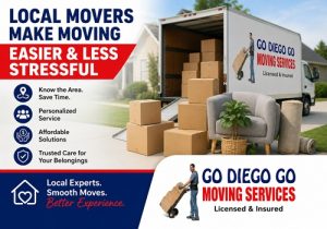 Moving truck with packed boxes and a sofa on the lawn; banner reads Local Movers Make Moving Easier & Less Stressful.