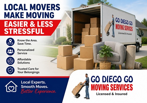 Moving truck with packed boxes and a sofa on the lawn; banner reads Local Movers Make Moving Easier & Less Stressful.