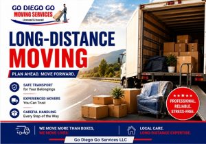 Banner for long-distance moving services showing a moving truck with boxes and furniture by the road, emphasizing planning ahead and moving forward.