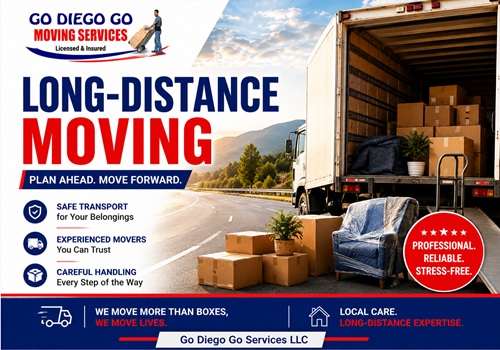 long distance moving in Myrtle Beach SC | Go Diego Go Moving Company Banner for long-distance moving services showing a moving truck with boxes and furniture by the road, emphasizing planning ahead and moving forward.